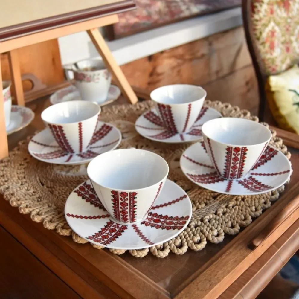 Vintage Alboth Kaiser Bavaria Tea Cups Saucers Set 4 Folk Art Red Black MCM